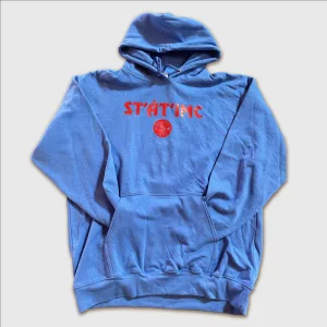 Blue cotton hoodie with St'at'imc logo, display image.