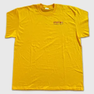 Yellow cotton mens T-shirt with St'at'imc logo, display image.