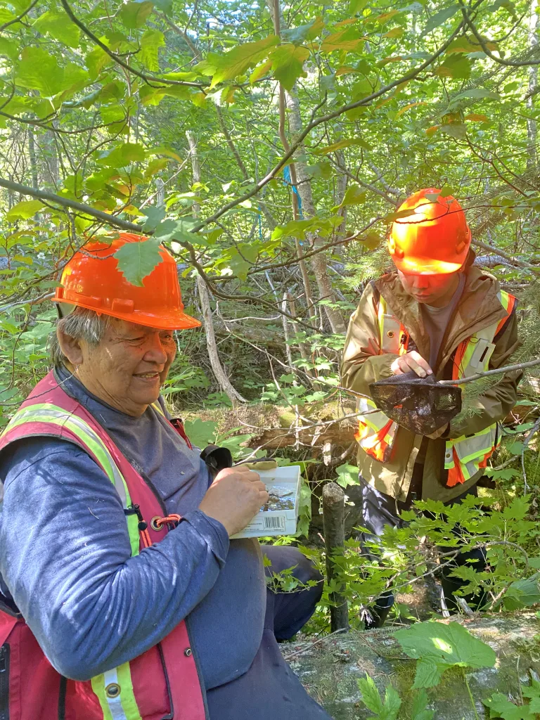 Darwyn and Braeden (left to right) are conducting riparian/stream sampling for the Forest and Range Evaluation Program’s (FREP) co-monitoring day with the Ministry of Forests. Photo taken by Ellen Reyes.